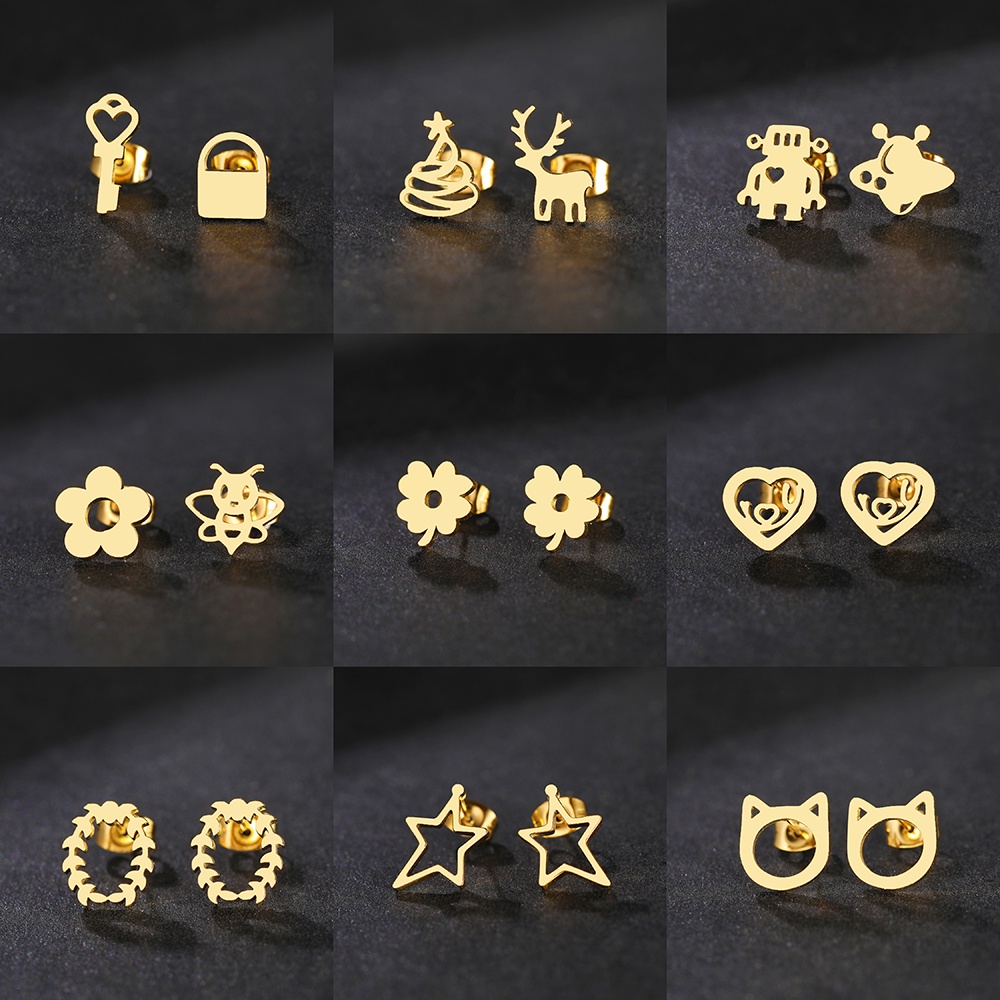 Khuyên Tai Thép Không Gỉ 2022 Họa Tiết Cỏ Ba Lá / Ngôi Sao / Ong Hoạt Hình Dễ Thương