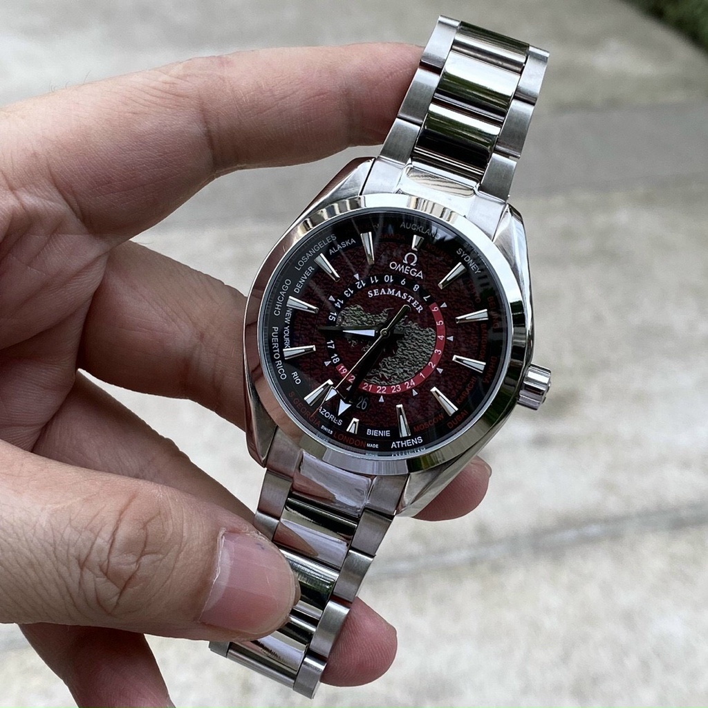 Đồng hồ nam Omega Seamaster World 42mm máy cơ Nhật cao cấp, khung thép 316l, mặt họa tiết trái đất