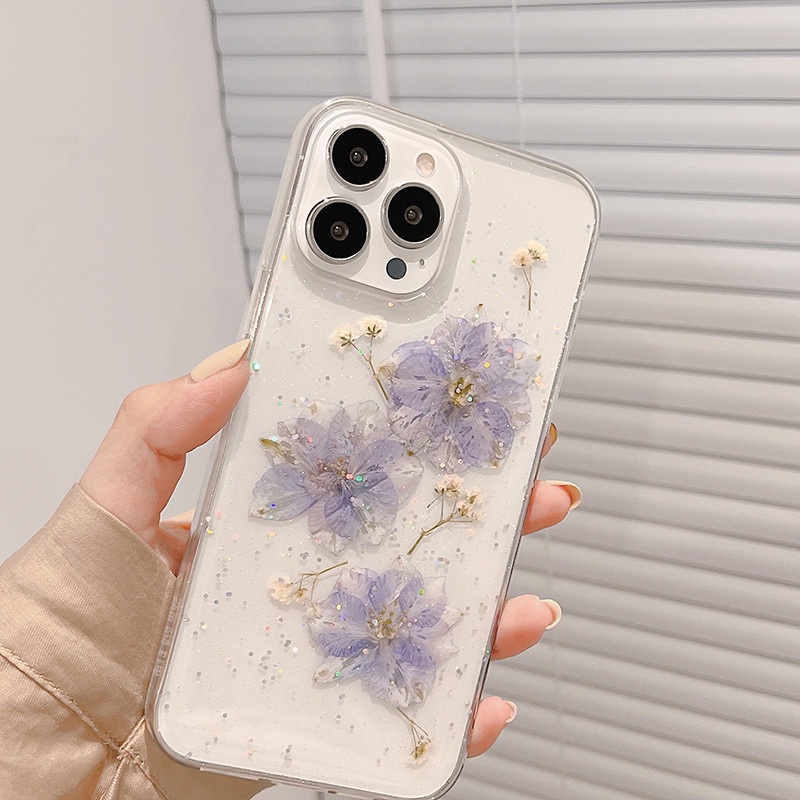 Ốp Điện Thoại TPU Mềm Trong Suốt Chống Sốc Họa Tiết Hoa Khô Lấp Lánh Cho Compatible For iPhone 13 12 11 Pro Max X XS XR 8 7 6 6S Plus