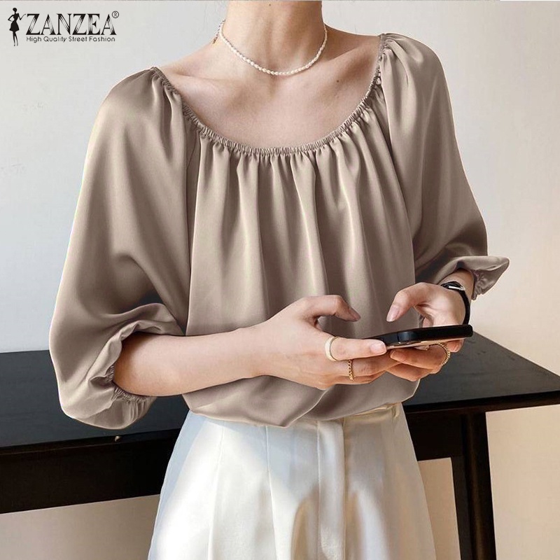 Áo Sơ Mi Vải Satin Tay Lửng Cổ Tròn Màu Trơn Thời Trang Đường Phố Thanh Lịch Cho Nữ ZANZEA