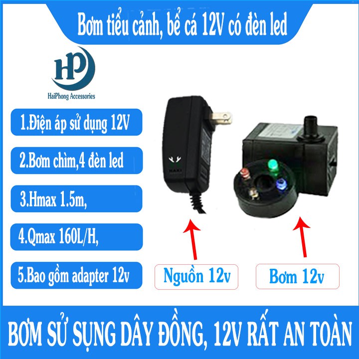 Bơm nước 12v dây đồng có đèn led cho tiểu cảnh, bể cá thủy sinh