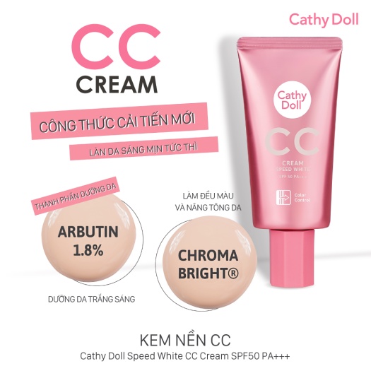 KEM NỀN CC CATHY DOLL MÀU XANH LÁ 02 GREEN 50G SPEED WHITE CC CREAM 50G CHÍNH HÃNG - 9256