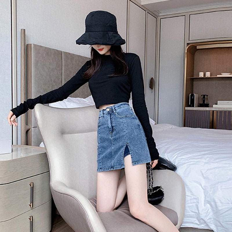 Quần short denim IELGY lưng cao dáng rộng phối khóa kéo thời trang cho nữ
