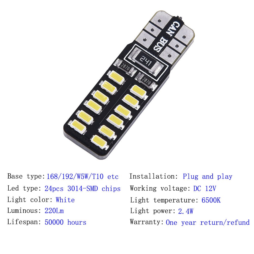 Bộ 2 Đèn LED T10 194 168 W5W 24 SMD 3014 Ánh Sáng Trắng 6500K Chất Lượng Cao Cho Xe Hơi