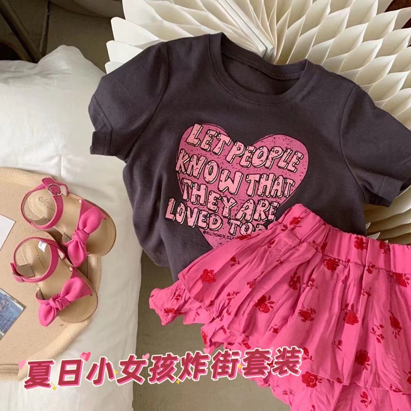 Set Áo Thun Ngắn Tay + Chân Váy Cotton Màu Sắc Tương Phản Thời Trang Mùa Hè Cho Bé Gái