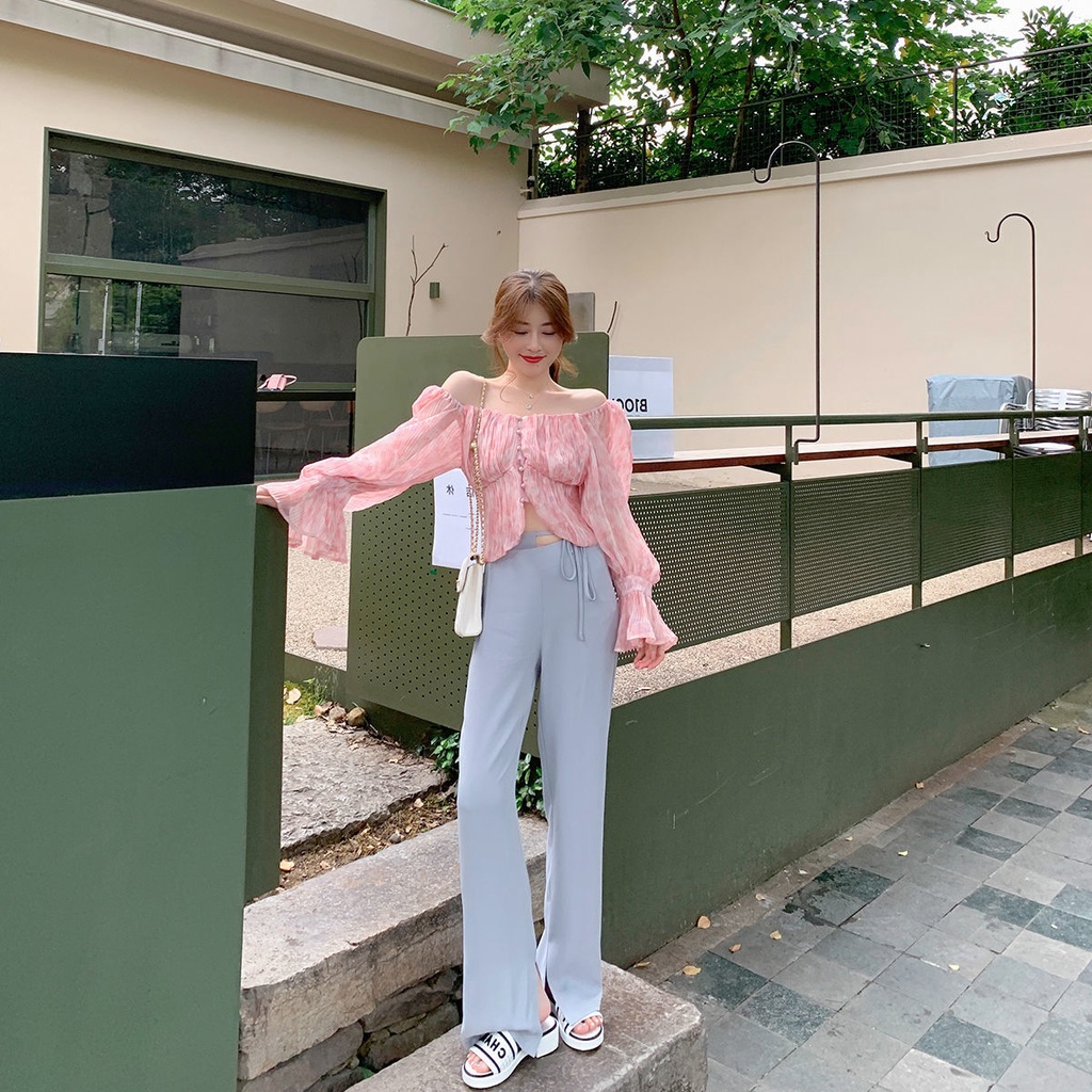 Áo Chiffon Tay Loe Trễ Vai Xếp Ly Màu Hồng Dành Cho Nữ  tao bao