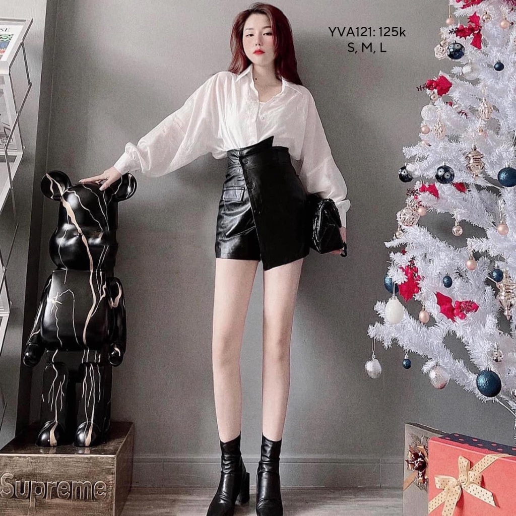 Chân váy nữ chân váy da chữ A 3 khuy đắp tà chéo sang trọng CHIBEST YVA121
