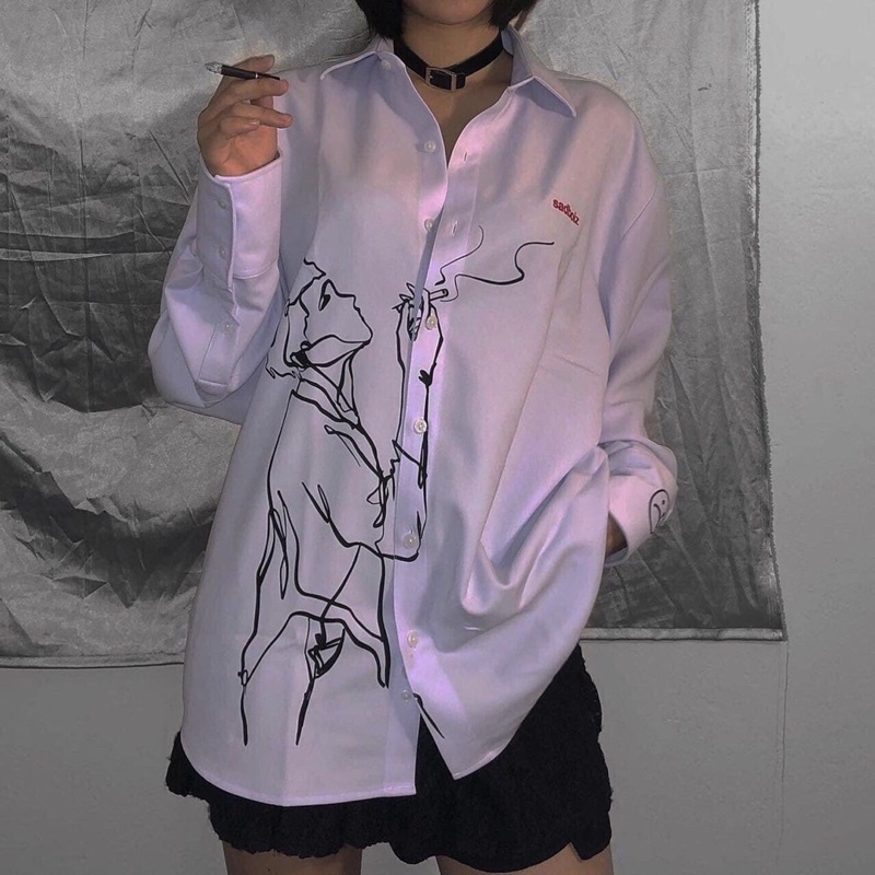 Áo Sơ Mi Hình SADBOZI Nam Nữ Dài Tay Unisex Basic Màu Trắng Sơ Mi Lụa Học Sinh Form Rộng Dáng Suông