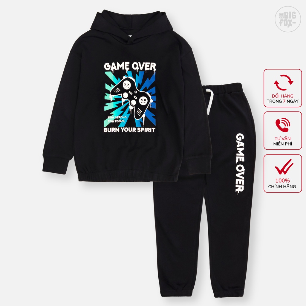 Bộ nỉ cho bé trai size đại Bigfox Miss Meow, bộ mùa đông dáng thể thao hoodie in Game Over size 7,8.15 tuổi
