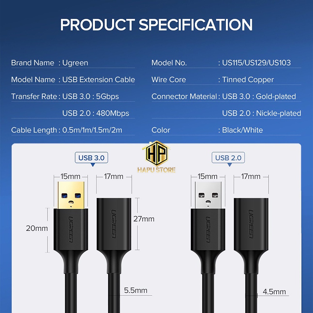 Cáp nối dài USB 2.0 cao cấp Ugreen 10313 10314 10315 10316 10317 10318 chính hãng - Hapustore