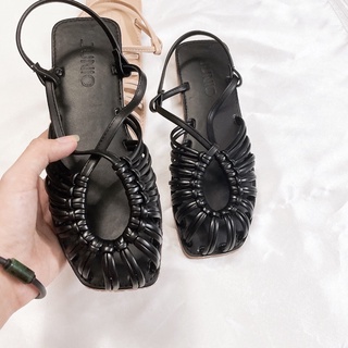 Sandal mũi vuông dây đan vòng tròn hậu thun