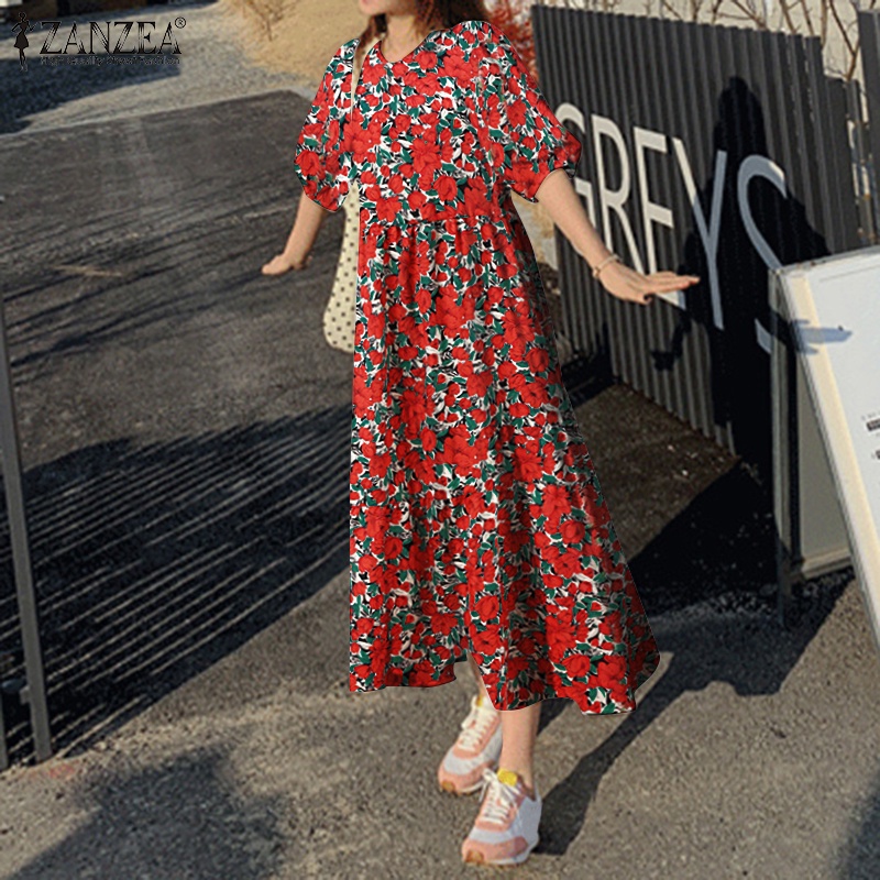 Đầm maxi Zanzea tay lỡ phồng vải co giãn phong cách vintage dành cho nữ