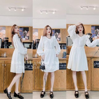 Váy trắng babydoll thắt nơ eo cổ bèo tiểu thư màu vintage