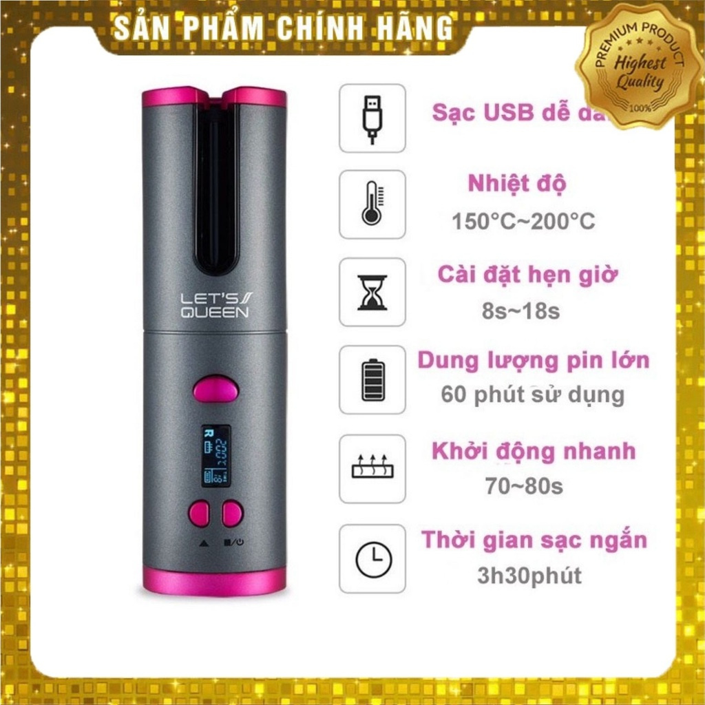 Máy uốn tóc tự động Let Queen mini không dây tự xoay cầm tay làm xoăn tự động thông minh