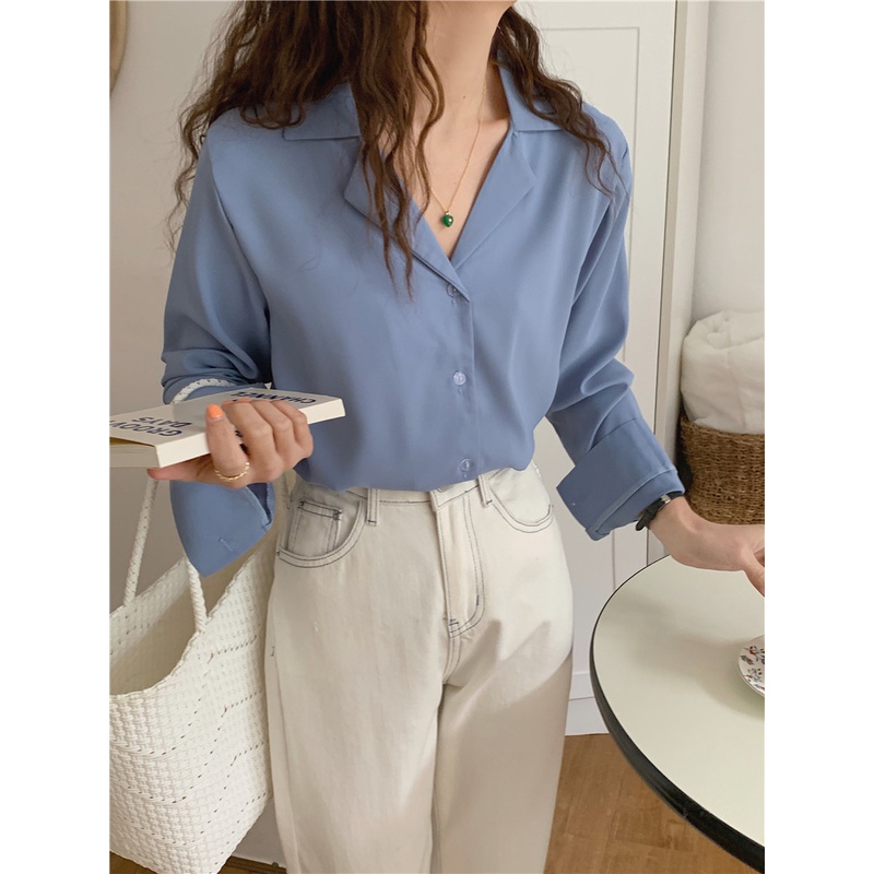 Áo Sơ Mi Tay Dài Màu Sắc Đơn Giản Thanh Lịch Cho Nữ