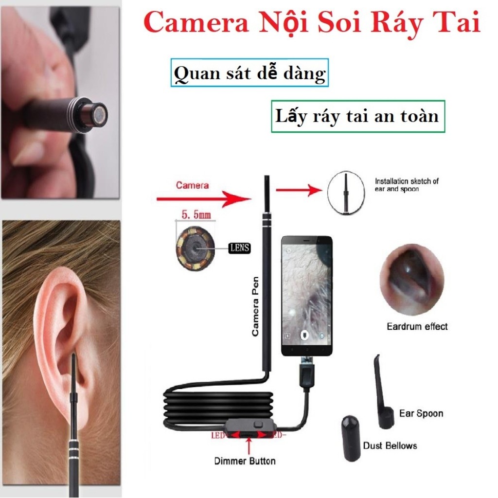 Camera Nội Soi Tai Siêu Nét Đi Kèm Bộ Đầu Lấy Ráy, Soi Tai Mũi chuyên nghiệp