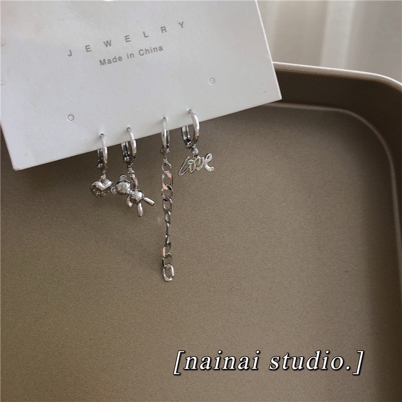 Set 4 Khuyên Tai Dây Xích Hình Gấu Phong Cách Hàn Quốc Mới