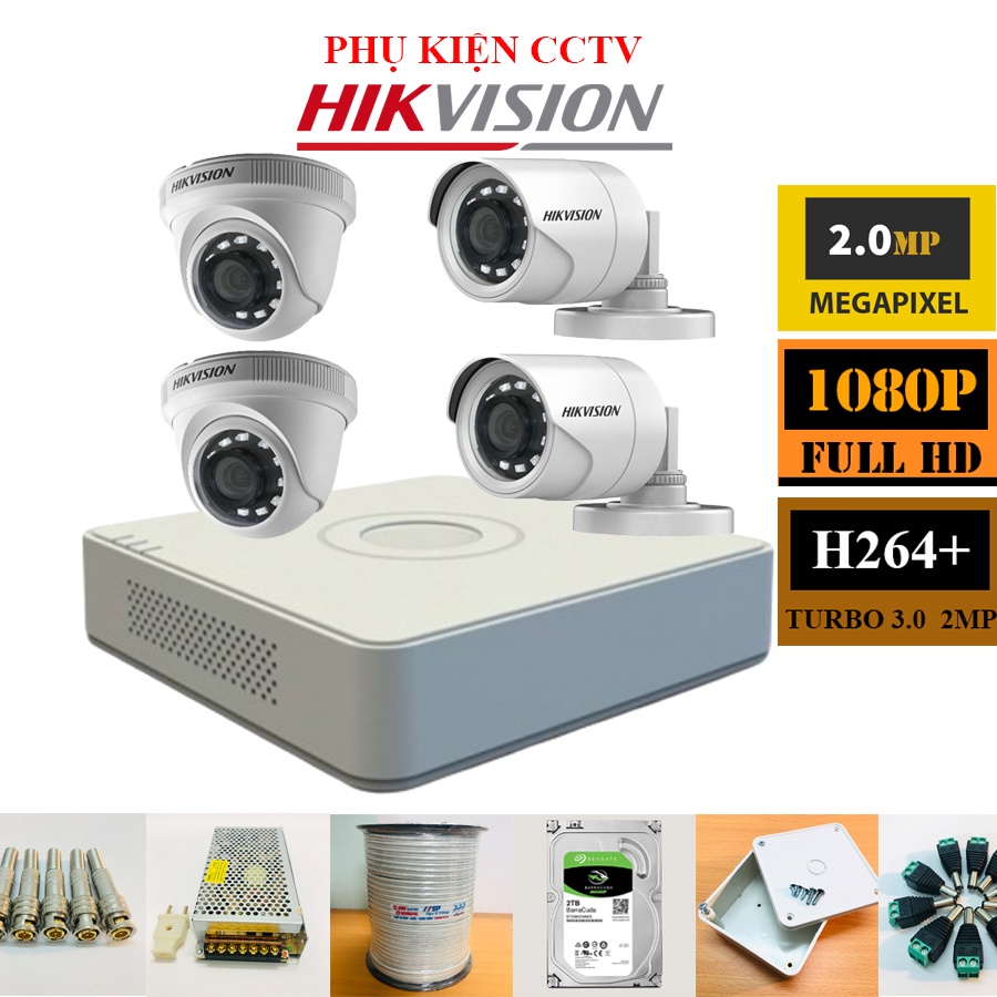 Trọn  Bộ Camera 4 Mắt Hikvision Chính Hãng 2Mp Full HD 1080P (FULL PHỤ KIỆN LẮP ĐẶT), Ổ Cứng tùy chọn