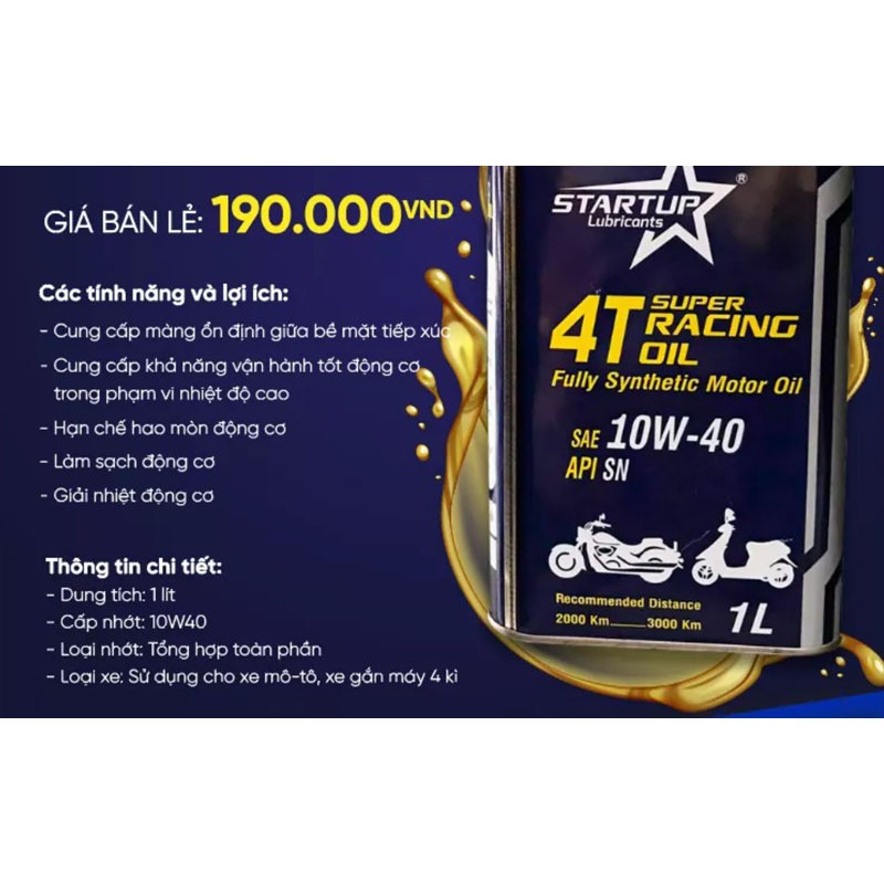 DẦU NHỚT MÁY STARTUP LUBRICANTS 10W /40 ( 1 LIT ) MOTO PKL 100cc /1000cc