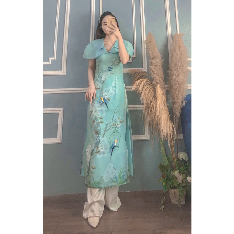 ÁO DÀI XANH CỔ V TAY BÔNG