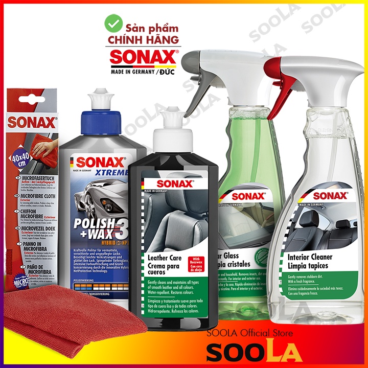 Bộ SONAX 5 món: Đánh bóng xóa xước, Vệ sinh nội thất, bảo dưỡng ghế da, nước rửa kính, khăn siêu sợi dùng cho ô tô
