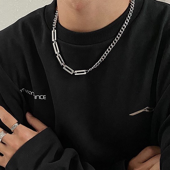 Dây chuyền titan phối 2 kiểu xích chữ nhật và xích vát cạnh không gỉ MN01