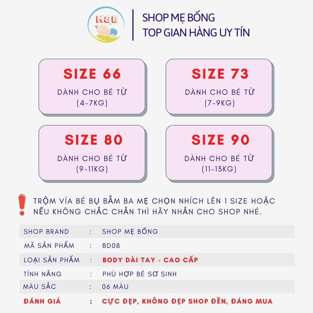 Bodysuit cho bé body dài tay liền thân Cao Cấp cho bé trai bé gái sơ sinh 4-14kg, hàng Quảng Châu cotton cực đẹp – BD08