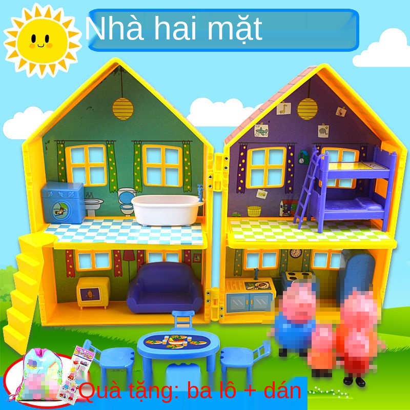 A Đồ chơi Piggy Peppa Nhà lắp ghép hai mặt Biệt thự Ô tô dã ngoại Công viên giải trí cho trẻ em Bộ bé trai và gái