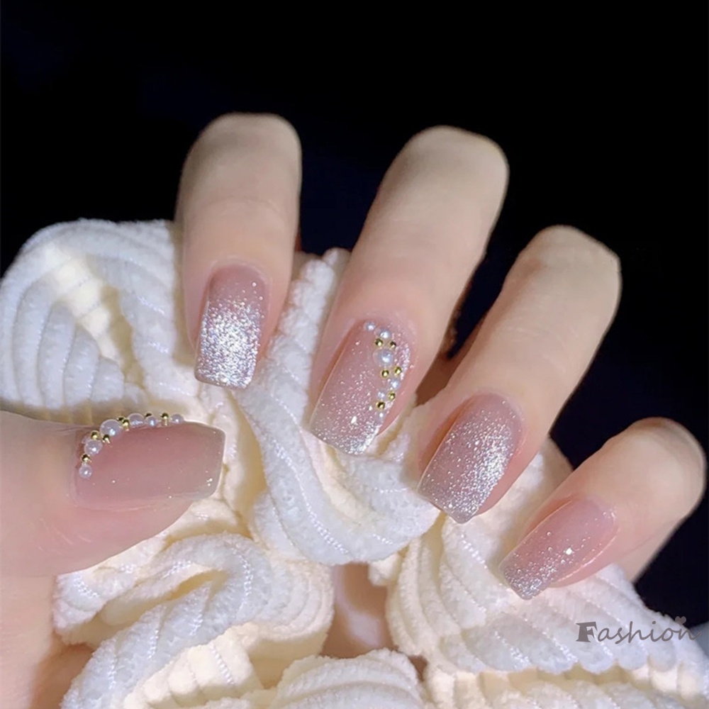 Bộ 24 Móng Tay Giả Đính Ngọc Trai Giả Màu Trắng Sáng Bóng Phong Cách Pháp Độc Đáo DIY