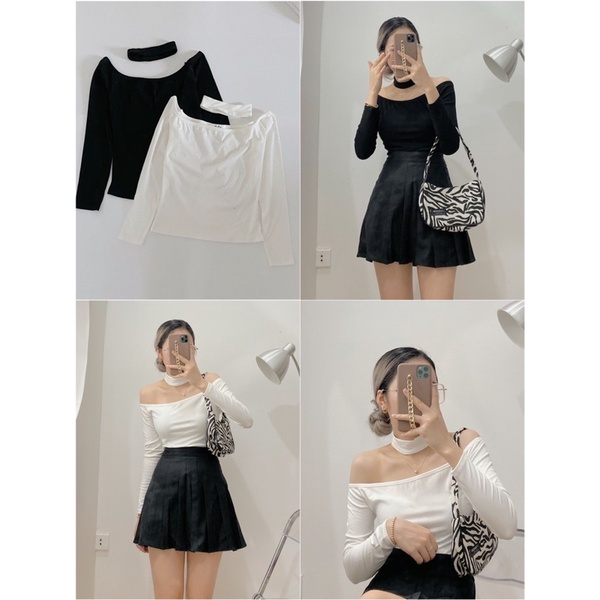 Áo Kiểu trễ vai tay dài tặng kèm choker đeo cổ với 2 màu trắng,đen basic form chuẩn tôn dáng ôm body