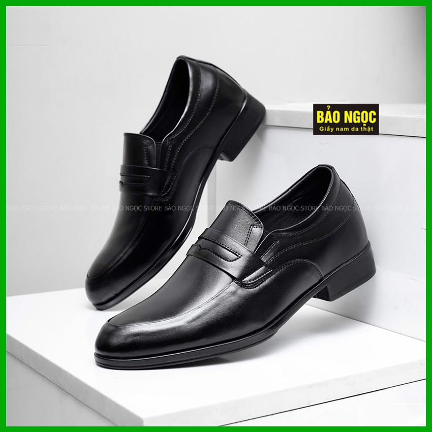 Giày tăng chiều cao nam da bò Bảo Ngọc Store - Giày lười nam tăng chiều cao màu đen - Mã TC8856 Đen
