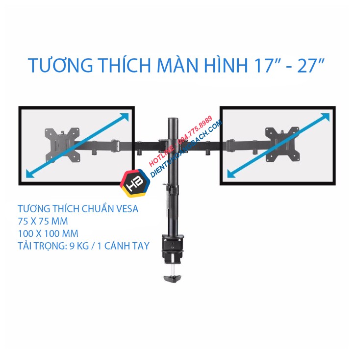 GIÁ TREO HAI MÀN HÌNH M052 17 – 27 INCH KẸP BÀN – TAY TREO 2 MÀN HÌNH MÁY TÍNH XOAY 360 ĐỘ [ Rẻ Hơn NB F160 ]