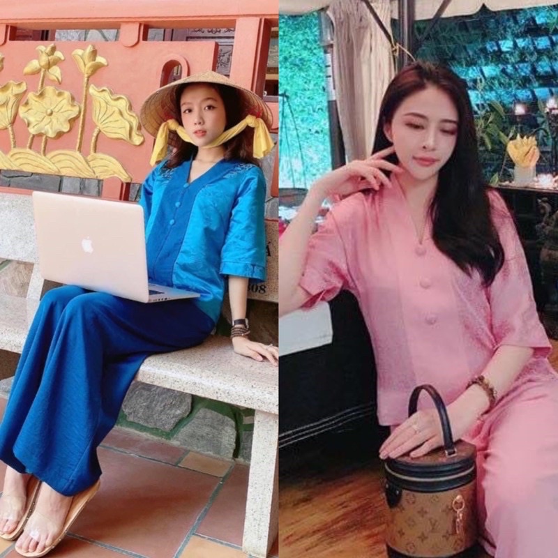 Đồ lam đi chùa-mẫu gấm bà lai