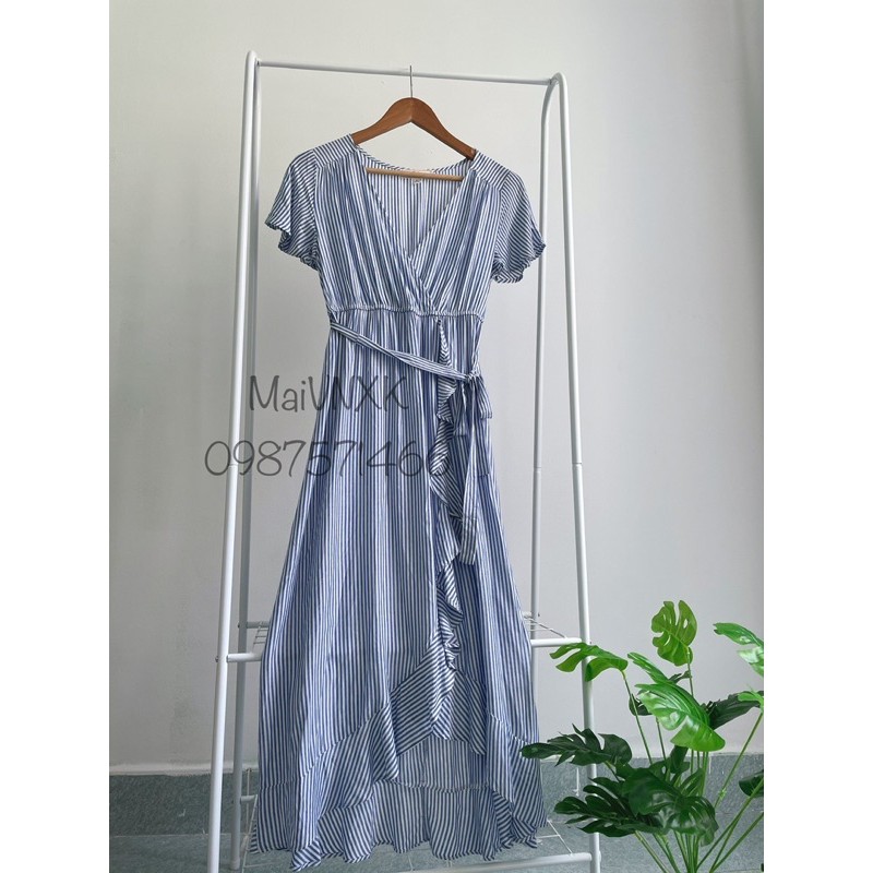 Đầm maxi sọc cổ v viền bèo | BigBuy360 - bigbuy360.vn