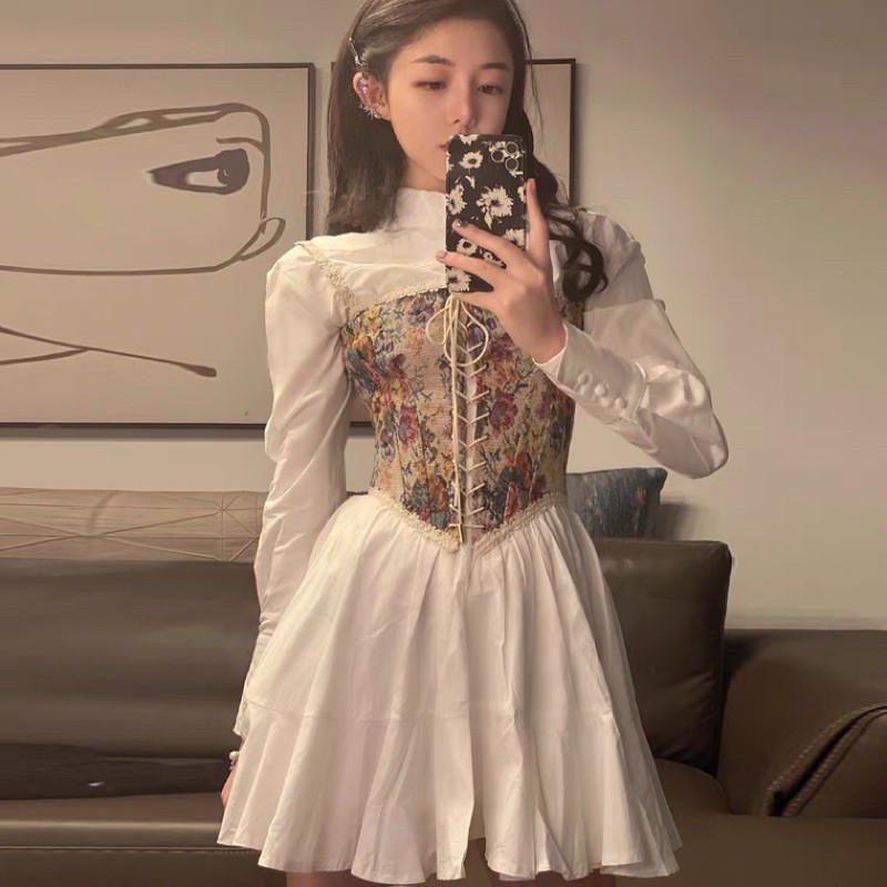 Có sẵn | Đầm chic ulzzang dáng xoè + áo dây corset hoạ tiết vintage