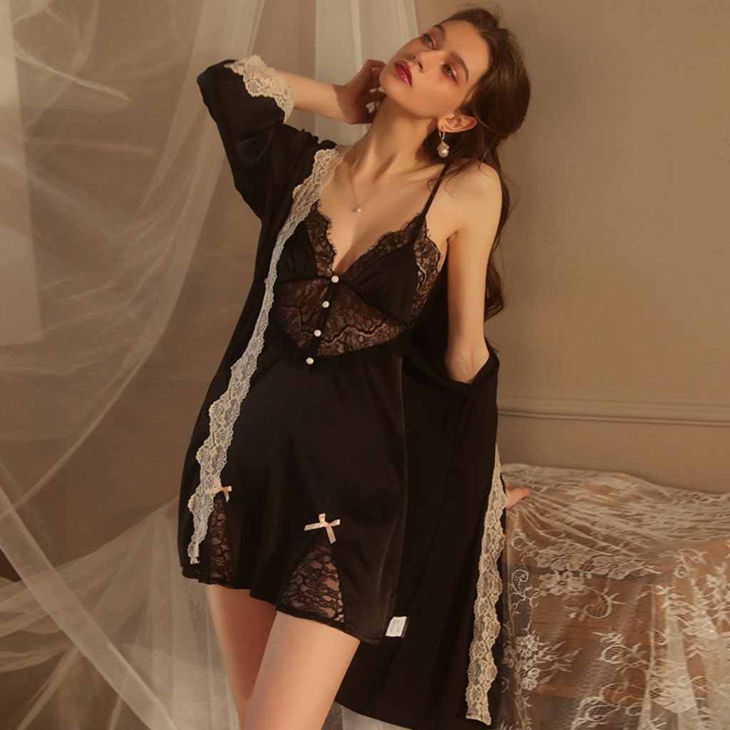 Đầm ngủ sexy phối ren Váy ngủ gợi cảm 2 dây lụa satin mềm mịn chéo lưng nút bọc vải M73