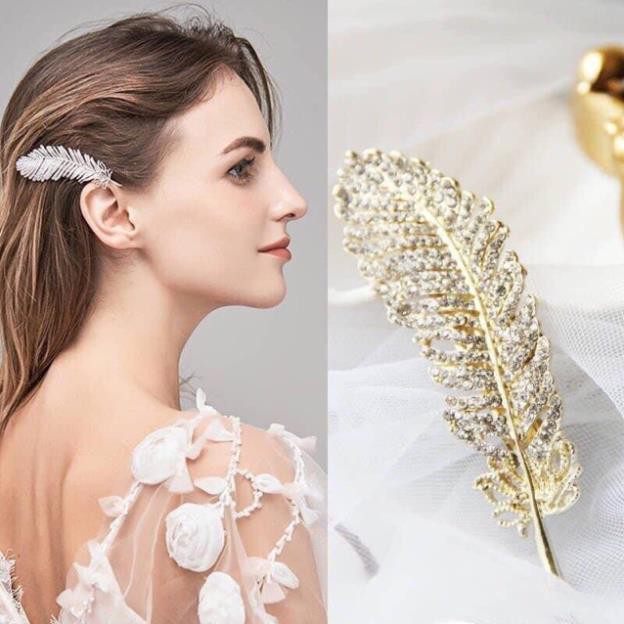 Kẹp tóc đính đá hình lá - Kẹp Cài Tóc Đá Hình Lông Vũ Retro Thời Trang