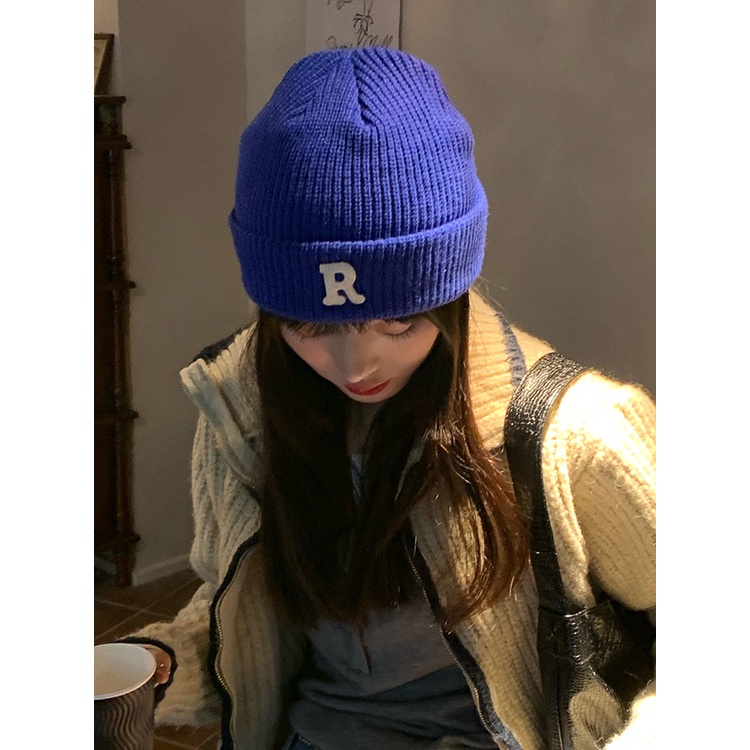 Mũ Len Đan In Chữ R Màu Xanh Dương Thời Trang Thu Đông Cho Nam Và Nữ