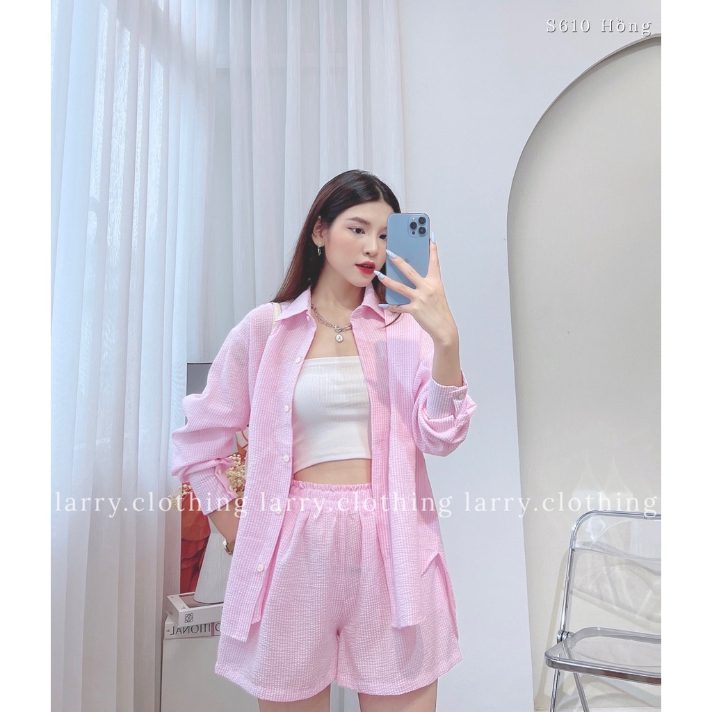Set quần áo nữ áo sơ mi kẻ sọc hồng kèm quần short chun form rộng thời trang thiết kế Larry Clothing S610