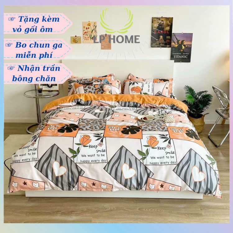 Bộ chăn ga gối Poly cotton hoa hồng ô vuông lãng mạn (Tặng vỏ gối ôm) - Miễn phí bo chun