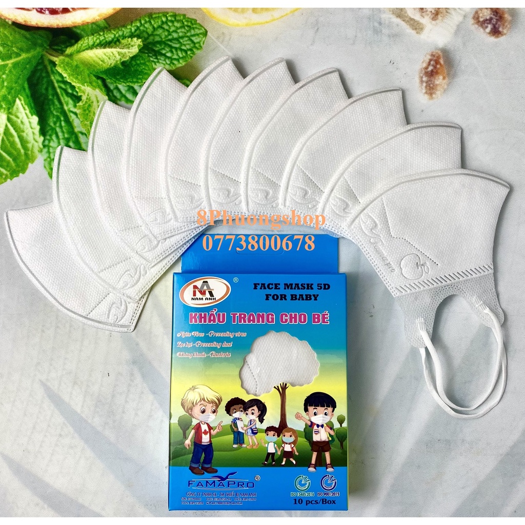 Khẩu trang FAMAPRO 5D BABY TRƠN cho bé 3 lớp kháng khuẩn 10 cái / Hộp Trắng / Xanh / Hồng