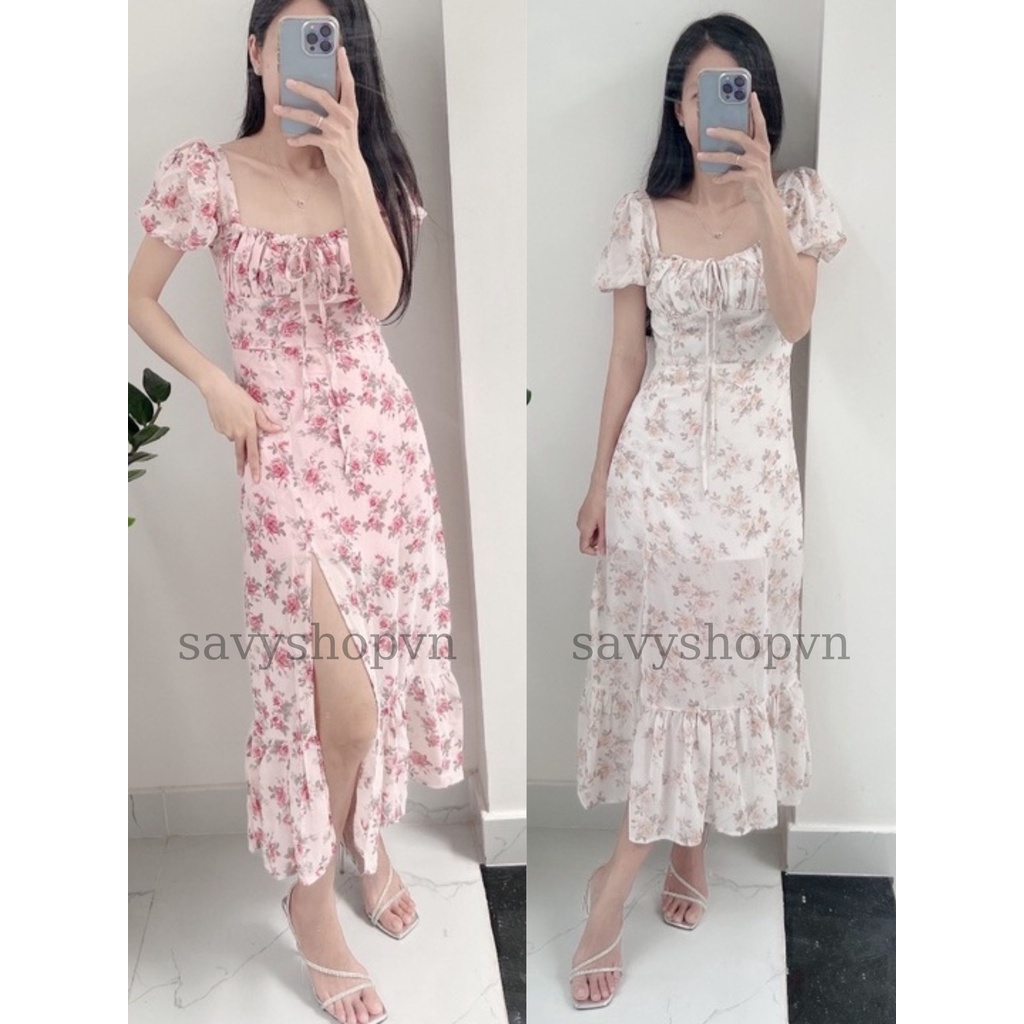 Đầm Hoa Tay Phồng Cổ Vuông dáng Suông
