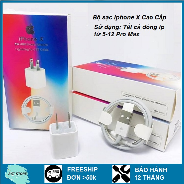 Bộ Sạc IPhone X Chính Hãng (sạc nhanh cho các dòng iphone 5 trở lên) Bảo Hành 12 tháng.