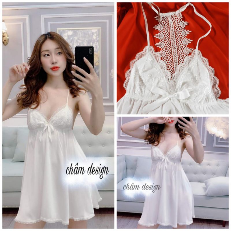 váy ngủ lụa trắng satin gắn nơ xinh có ren lưng sexy, hàng thiết kế độc quyền❤️