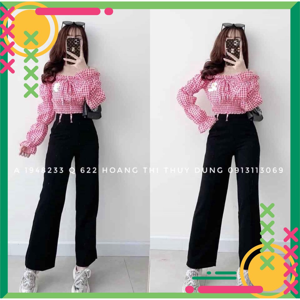 xả kho 1125A33B1 Áo trễ vai caro tay dài bo tầng lạ mắt xả kho