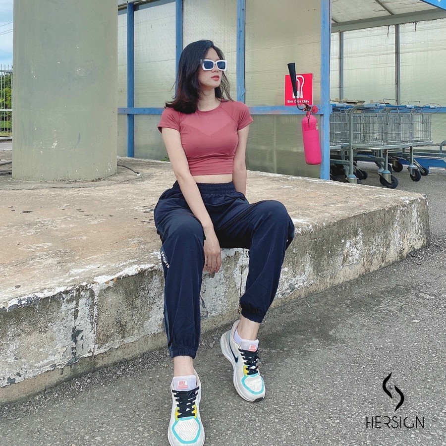 Đồ tập gym nữ Set tập GYM Áo croptop phối lưới Quần jogger nữ HERSIGN