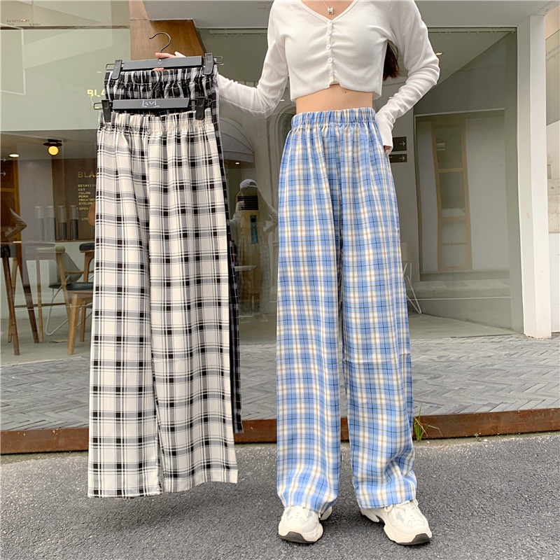 Autumn New Women's Large-size Plaid Wide-legged Pants Women Fat MM High-waisted Straight Straight Loose-fitting Drag Pants