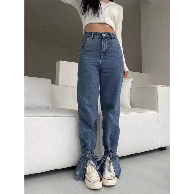 Quần Jeans Ống Rộng Lưng Cao Xẻ Tà Cột Dây Màu Xanh Dương Size S-XL Phong Cách Âu Mỹ Cho Nữ Plus Size