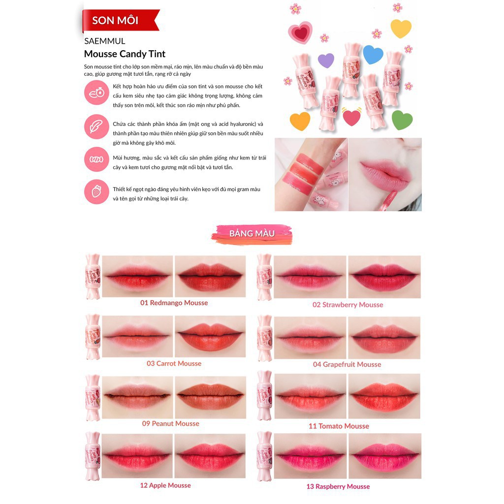 [HÀNG CHÍNH HÃNG] Son Kẹo The Saem Saemmul Mousse Candy Tint 8g