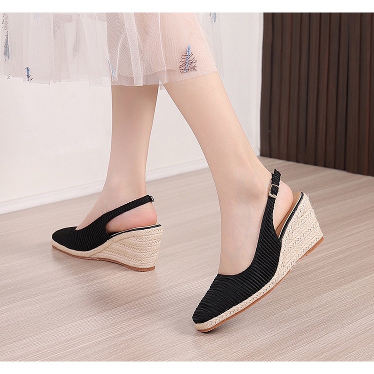 Giày cao gót đế xuồng bọc cói 8cm, chất lụa satin dập gân